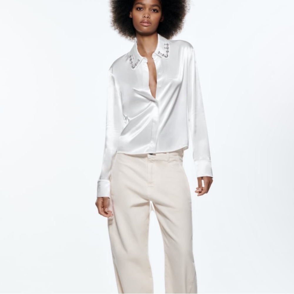 ZARA Rhinestone Collar Satin White Button Up Shirt Size XS